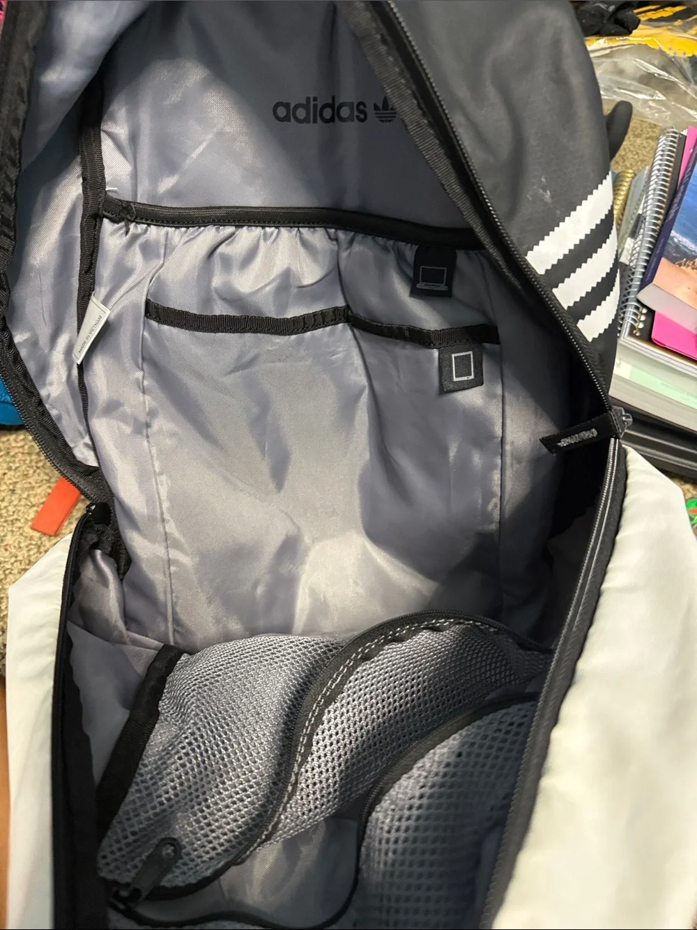 adidas White and Black Trefoil Front-Zip Backpack